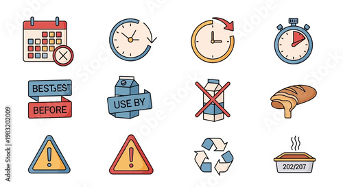 Food storage and expiry date icons - calendar, clock, best before, use by, expiration, recycle, and ready meal