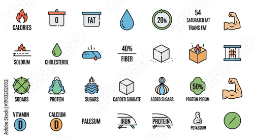 Nutritional Facts and Dietary Information Icons for Healthy Eating and Fitness