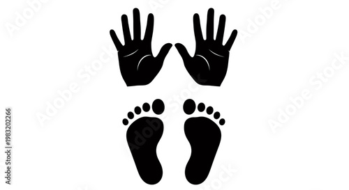 Symmetric black silhouettes of hands above and feet below against white background with balanced, abstract form.