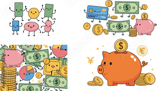 Cute Money and Finance Character Set with Piggy Bank Coins Dollar Bills and Budget Savings Cartoon Illustration Collection for Financial Concept Design
