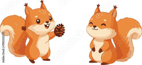 Cartoon vector illustration of squirrels with bushy tails holding pine cone showing cute playful forest animal design