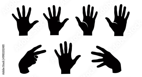 Silhouetted collection of eight varied hand gestures and poses against a stark white background.
