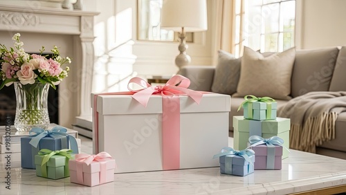 Decorated gift boxes with ribbons on a coffee table in a living room scene