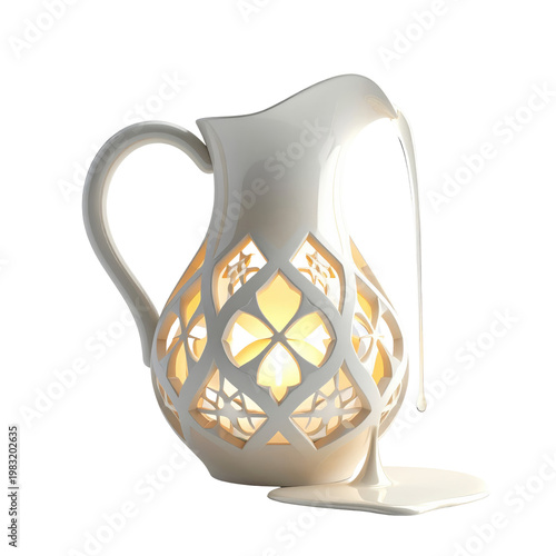 3D rendered white pitcher with intricate cut-outs, light illuminating through, pouring liquid