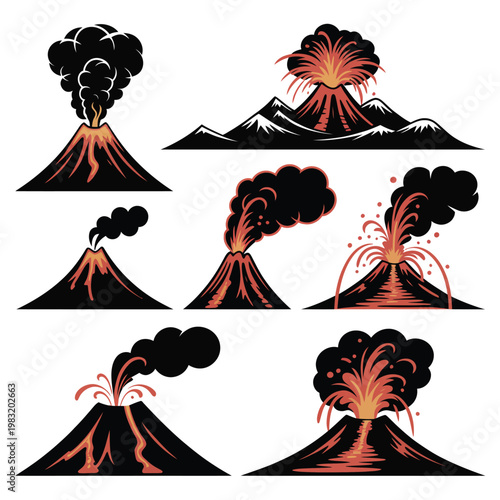 A collection of volcanic eruption illustrations in various stages
