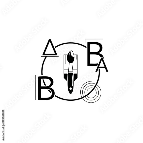 Black and white graphic of a paintbrush, letters and geometric shapes on a white background