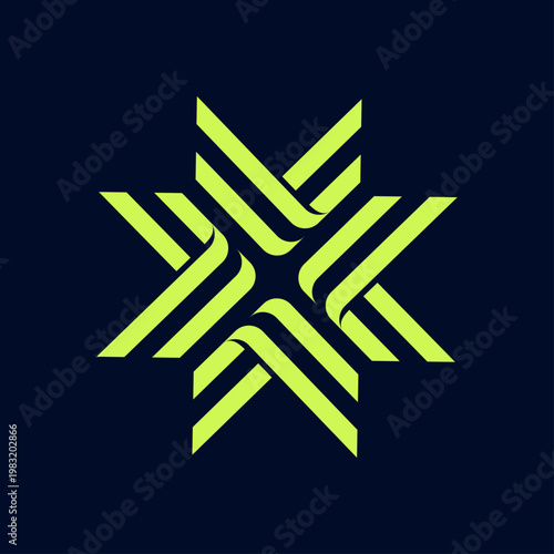 Bold geometric star formed by interlocking lime green chevron ribbon lines on dark navy. Dynamic, symmetrical icon ideal for tech, sport, esports, or brand identity.
