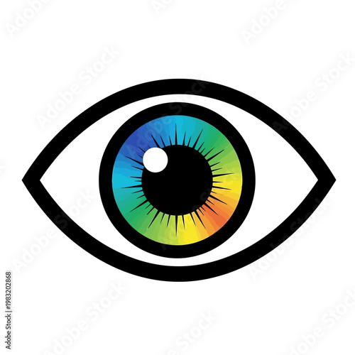 A vibrant illustration of a human eye with a colorful iris and black outlines on white