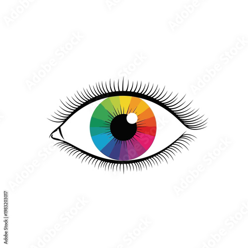 A stylized illustration of an eye. The iris is a spectrum of colors, set against a white backdrop