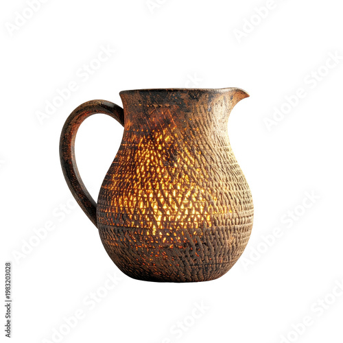 Textured, brown pitcher, with handle, spout, and woven-like pattern