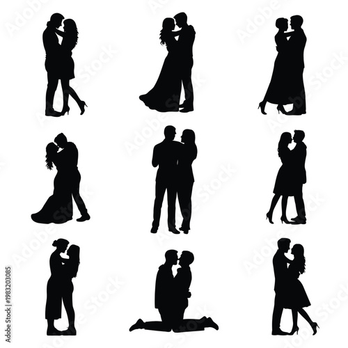 A collection of romantic couple silhouettes in various poses
