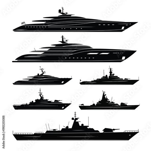 A collection of various naval ships and yachts in silhouette