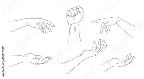 Collection of Various Hand Gestures in Simple Line Art Illustration.