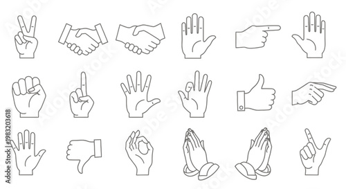 Collection of hand gesture icons showing various signs and poses for design and illustration purposes.