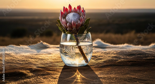 Sunrise with Protea Flower in Crystal Vase