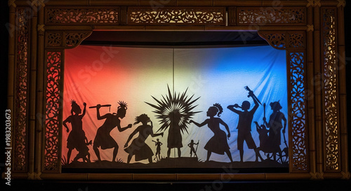 Group performing traditional dance on illuminated stage