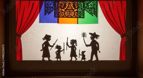 Silhouette puppets performing on stage with colorful backdrop