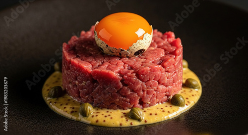 Raw Beef Tartare on White Plate with Egg Yolk