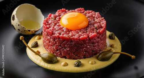 Artisanal Beef Tartare on Cracked Egg Yolk with Garnishes