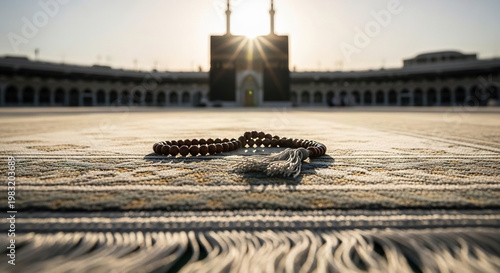 Rosary beads on woven carpet with mosque in background during golden hour
