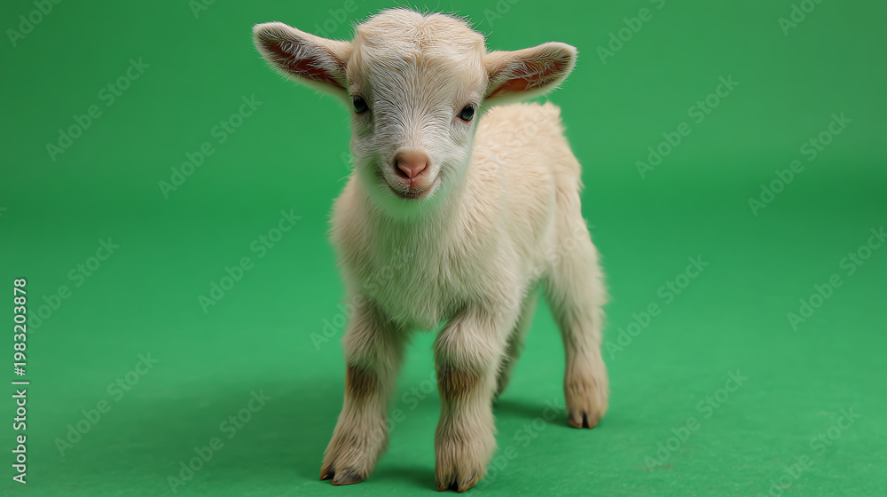 Fototapeta premium A playful young goat stands against a vibrant green backdrop, showcasing its adorable features and curious expression.