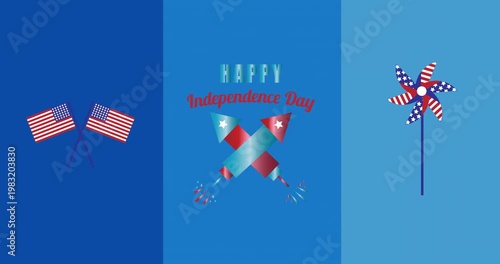 Happy independence day text banner over wind fan and american flag icons against blue background