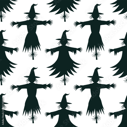 A seamless pattern of black scarecrow silhouettes on a white background