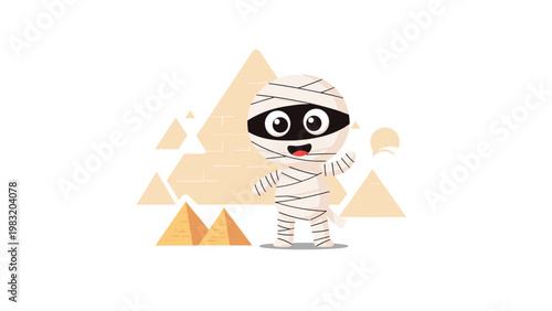 Adorable little mummy character wrapped in white bandages standing in front of golden Egyptian pyramids vector design.