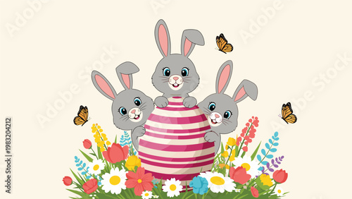 Three cute grey rabbits hiding behind a large pink striped Easter egg surrounded by colorful spring flowers vector.