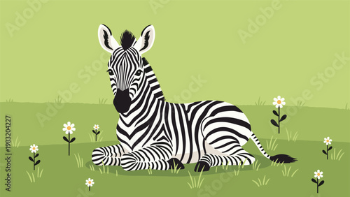 Graceful zebra character sitting peacefully on a green meadow with small white flowers in a flat vector style.