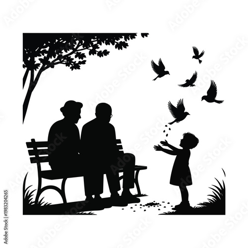 A heartwarming scene of a child feeding birds with grandparents
