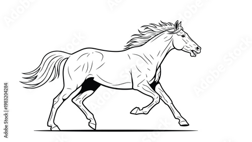 Dynamic black and white sketch of a horse galloping fast across a white background with flowing mane and tail vector.