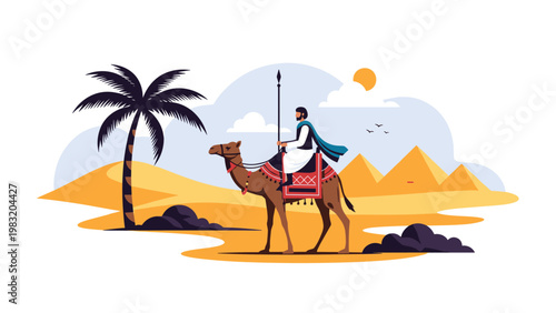Arab man riding a camel in a vast desert landscape with Egyptian pyramids and a palm tree vector illustration.