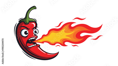 Red hot chili pepper character with an angry expression breathes bright flames, symbolizing extreme spicy flavor and heat.