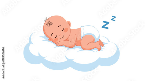 Cute baby wearing a diaper sleeps peacefully on a soft blue cloud with Z symbols indicating deep rest and sweet dreams.
