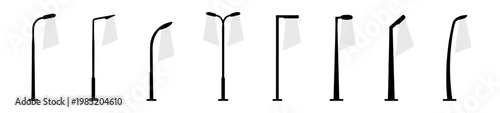 Side View Modern Street Light Silhouette Vector Set, Side Elevation Solid Black Lamp Post Shapes for Architectural Site Analysis and Urban Lighting Design