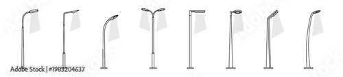 Side View Modern Street Light Vector Set, Side Elevation Minimalist Lamp Post Outlines with White Fill for Architectural Plans and Landscape Lighting Design