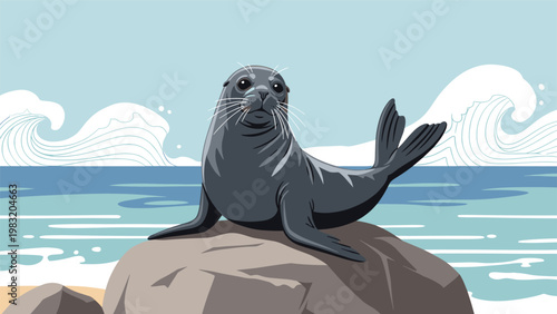 Gray seal rests calmly on a large rock with ocean waves crashing in the background under a clear sky on the coast.