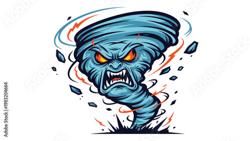 Ferocious tornado monster with a terrifying face and glowing orange eyes swirls violently, representing destructive storms.
