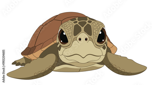 Adorable baby sea turtle with large curious eyes looks forward while resting on its flippers on a white background.