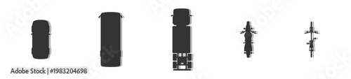 Top View Vehicles Silhouette Vector Set, Overhead Perspective Solid Black Cars, Trucks, and Cyclists for Architectural Plans, Urban Traffic Design, Flat Minimal Style