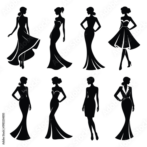 A collection of elegant black silhouettes of women in formal dresses