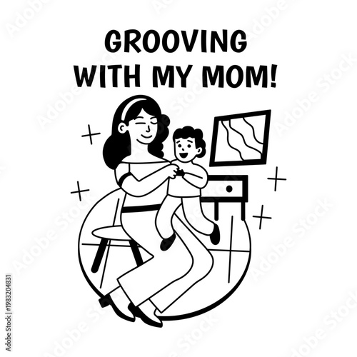 Grooving mom with her child sticker in glyph style 
