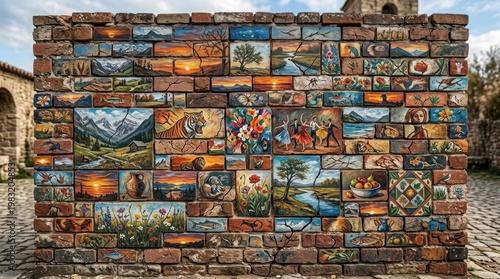 Colorful Artistic Mural Wall Featuring Various Painted Tiles and Patterns.