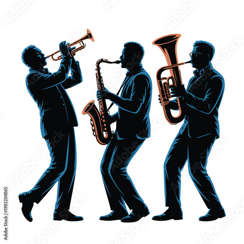Three musicians playing jazz instruments in a lively performance