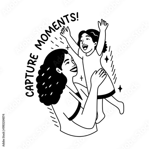 A glyph sticker of happy mother and child with capture moments typography 
