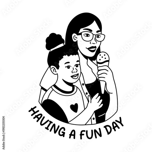 A glyph sticker of mother and child eating ice cream with having fun day typography 

