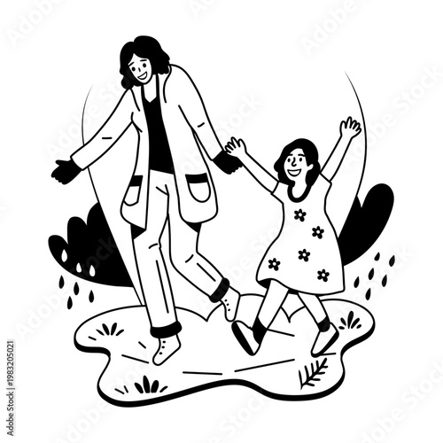 A glyph sticker of happy mom and child having fun in garden 