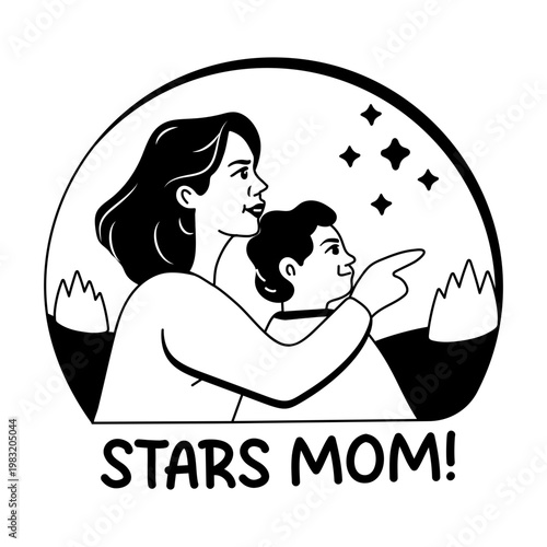 A glyph sticker of mother and child gazing stars at night 
