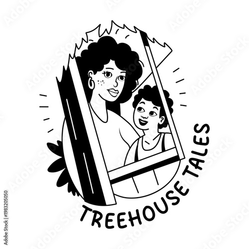 A glyph sticker of mother and child with treehouse tales typography 
